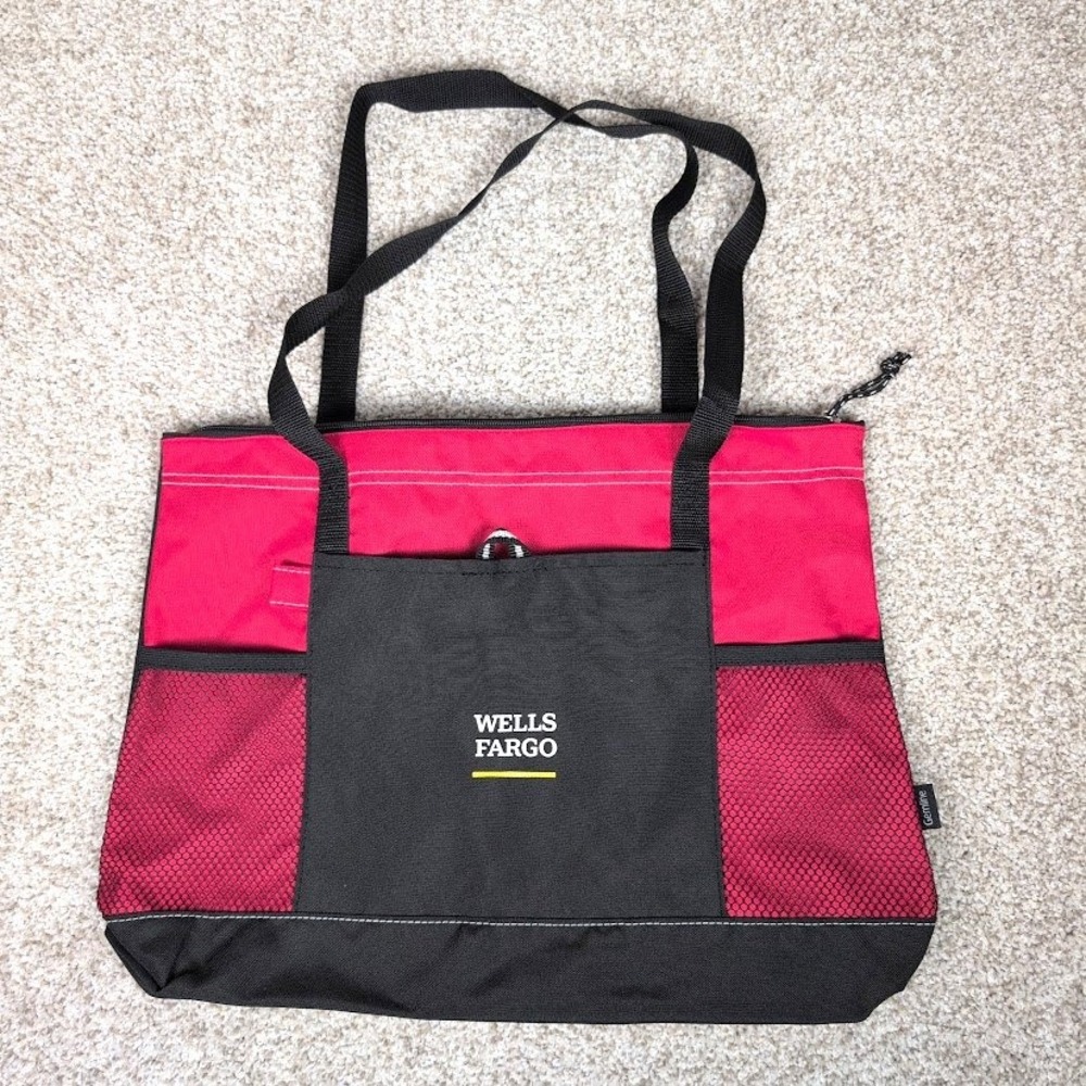 Wells Fargo‎ Gemline Tote Bag Red Black Zippered Top Mesh Pockets Promotional